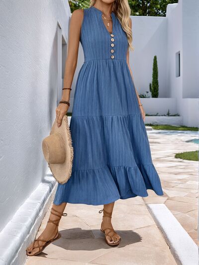 Perfee Decorative Button Notched Sleeveless Tiered Dress.