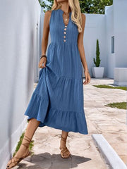 Perfee Decorative Button Notched Sleeveless Tiered Dress.