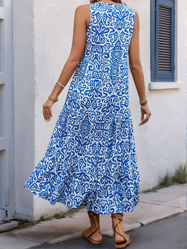 Perfee Decorative Button Printed Notched Sleeveless Midi Dress.