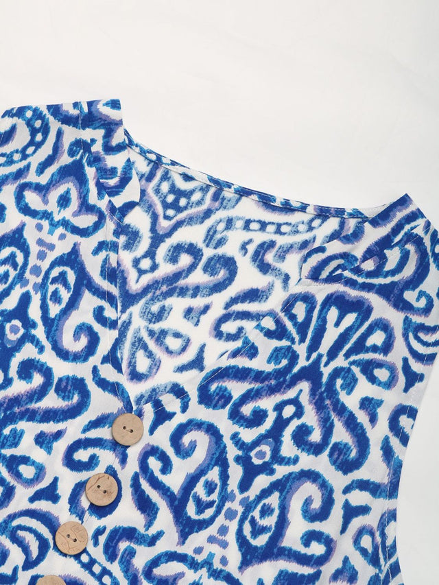 Perfee Decorative Button Printed Notched Sleeveless Midi Dress.