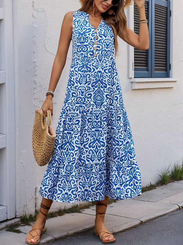 Perfee Decorative Button Printed Notched Sleeveless Midi Dress.