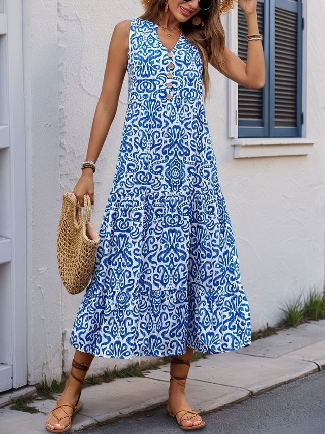 Perfee Decorative Button Printed Notched Sleeveless Midi Dress.
