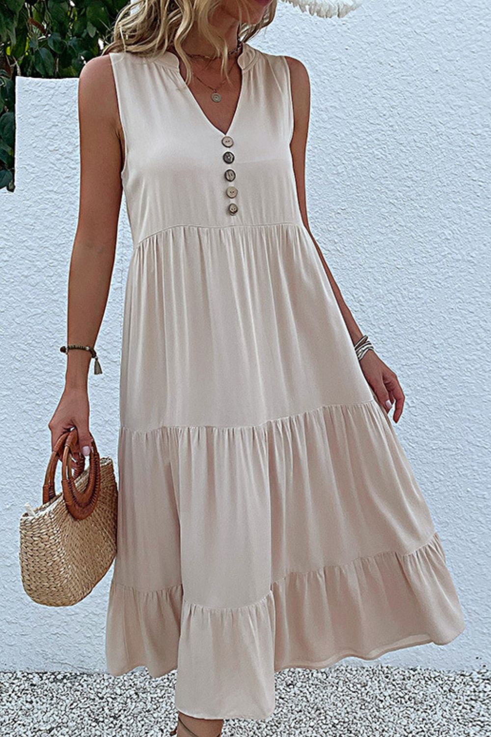Perfee Decorative Button Sleeveless Tiered Midi Dress.