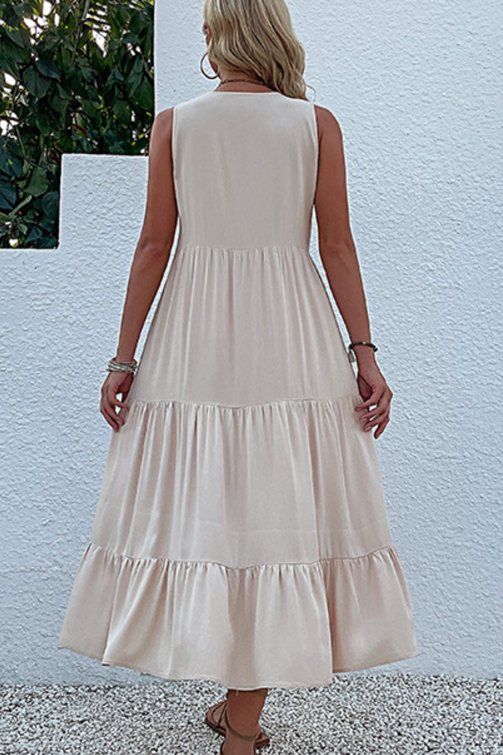 Perfee Decorative Button Sleeveless Tiered Midi Dress.
