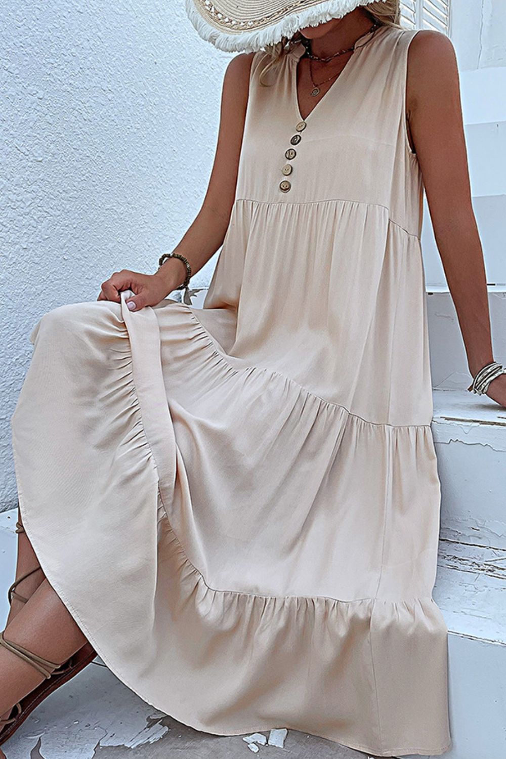 Perfee Decorative Button Sleeveless Tiered Midi Dress.
