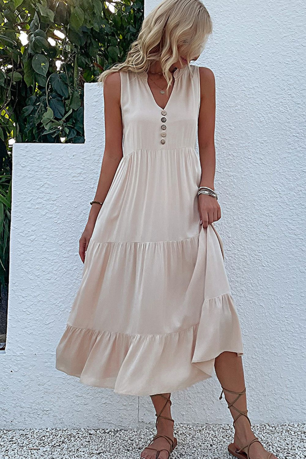 Perfee Decorative Button Sleeveless Tiered Midi Dress.