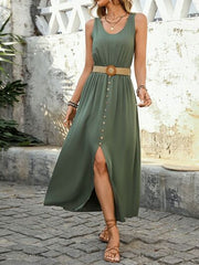Perfee Decorative Button Slit Sleeveless Midi Dress.
