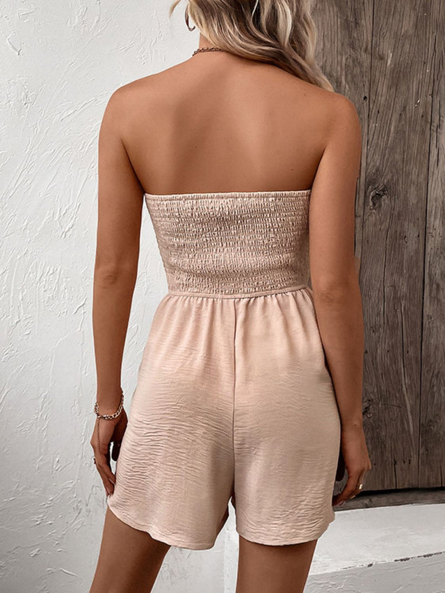 Decorative Button Smocked Strapless Romper.