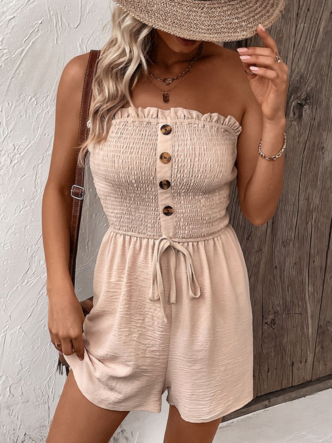 Decorative Button Smocked Strapless Romper.