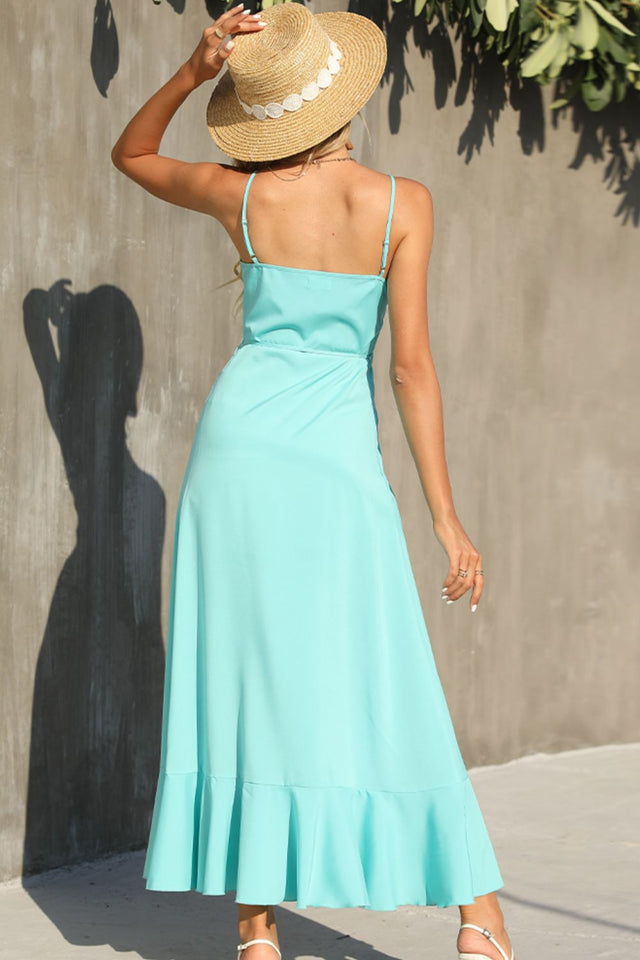 Shiny Decorative Button Spaghetti Strap Ruffle Hem Midi Dress.