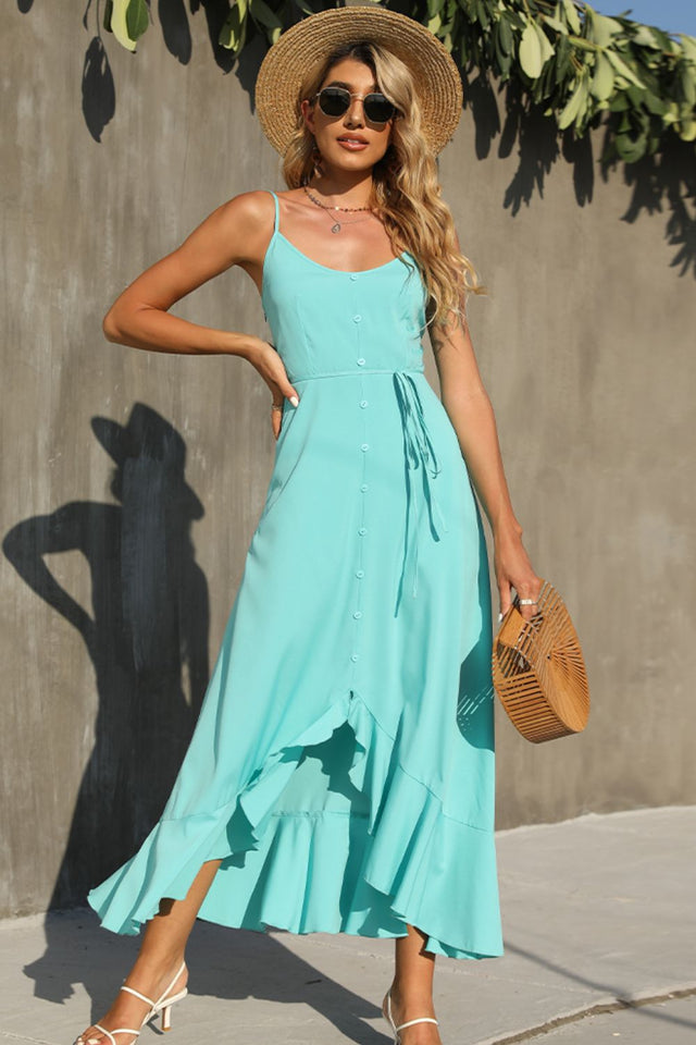 Shiny Decorative Button Spaghetti Strap Ruffle Hem Midi Dress.
