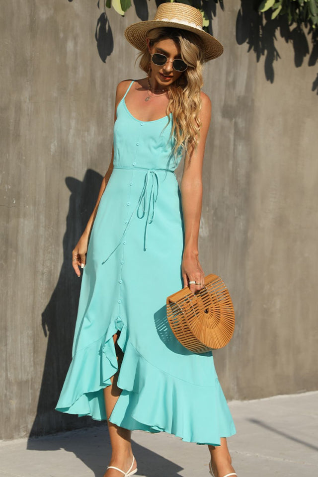 Shiny Decorative Button Spaghetti Strap Ruffle Hem Midi Dress.