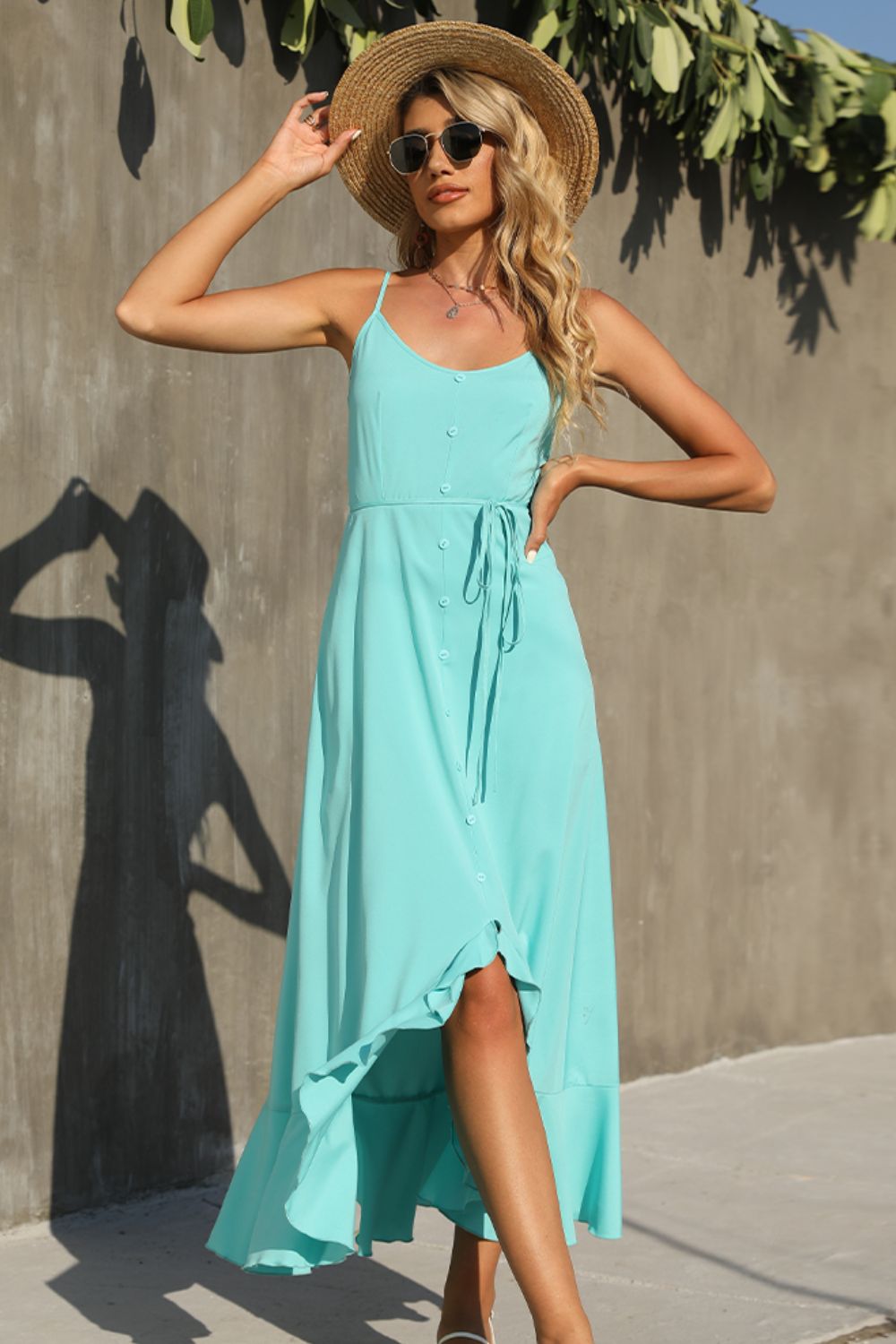 Shiny Decorative Button Spaghetti Strap Ruffle Hem Midi Dress.