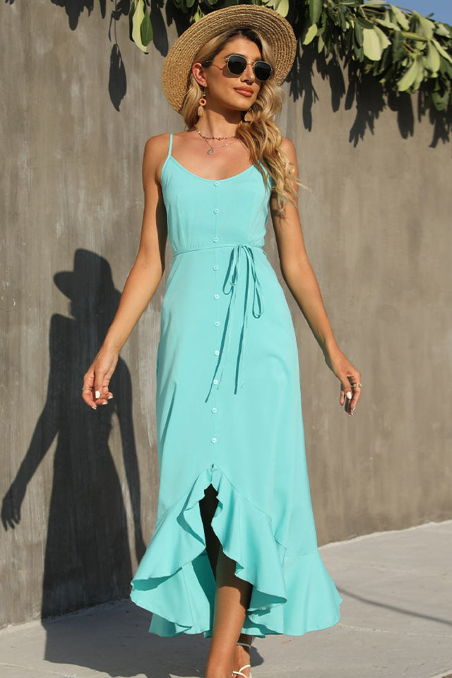 Shiny Decorative Button Spaghetti Strap Ruffle Hem Midi Dress.