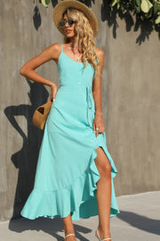 Shiny Decorative Button Spaghetti Strap Ruffle Hem Midi Dress.