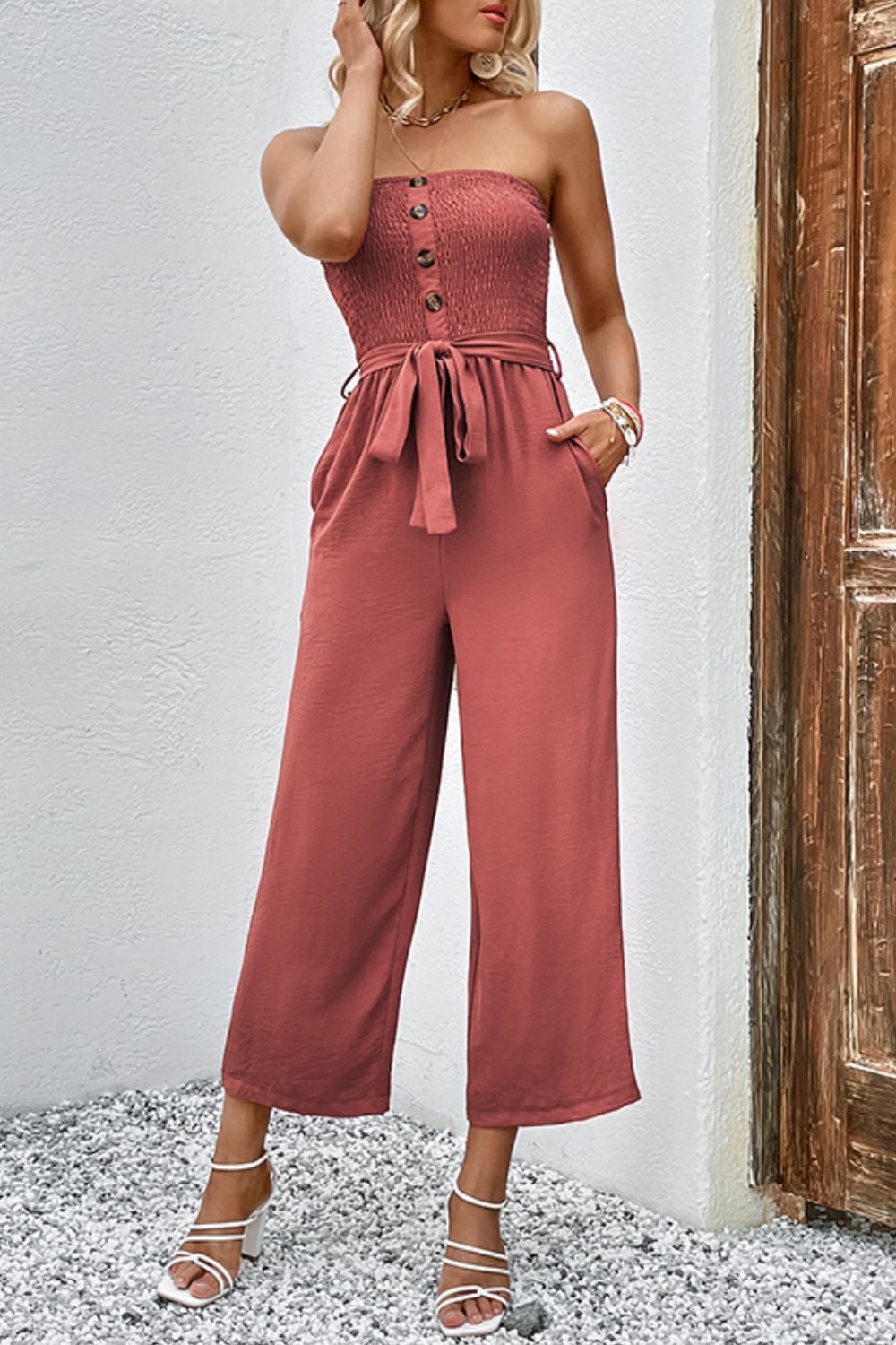 Decorative Button Strapless Smocked Jumpsuit with Pockets and Belted Detail.