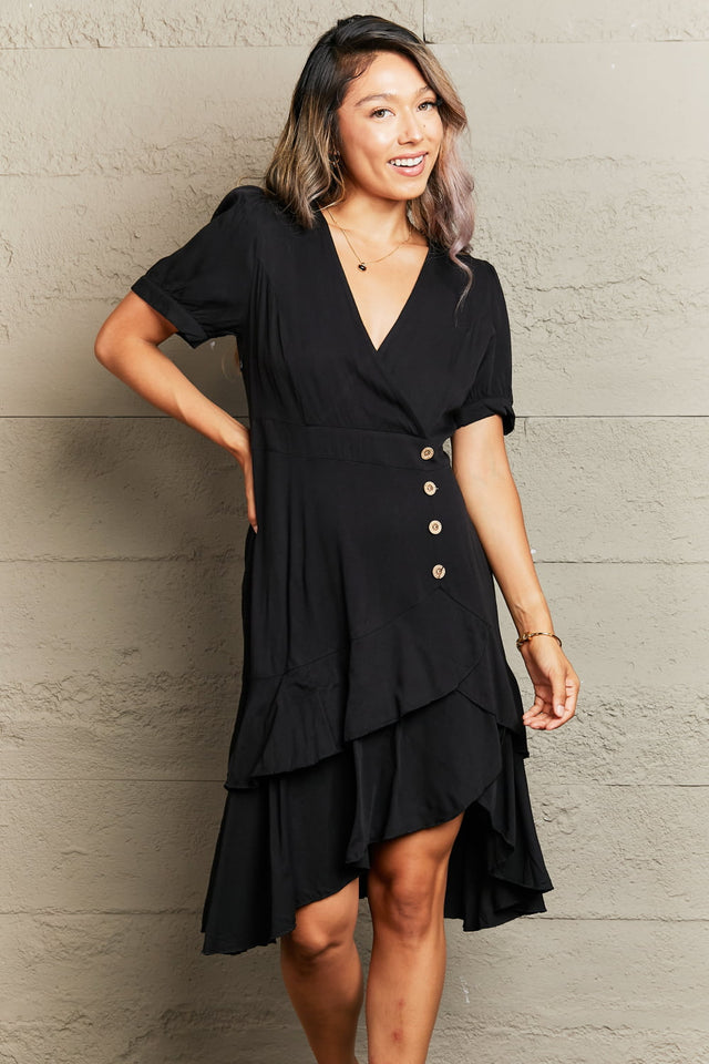 Perfee Decorative Button Surplice Ruffle Hem Dress.