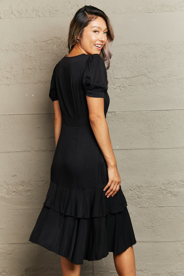 Perfee Decorative Button Surplice Ruffle Hem Dress.