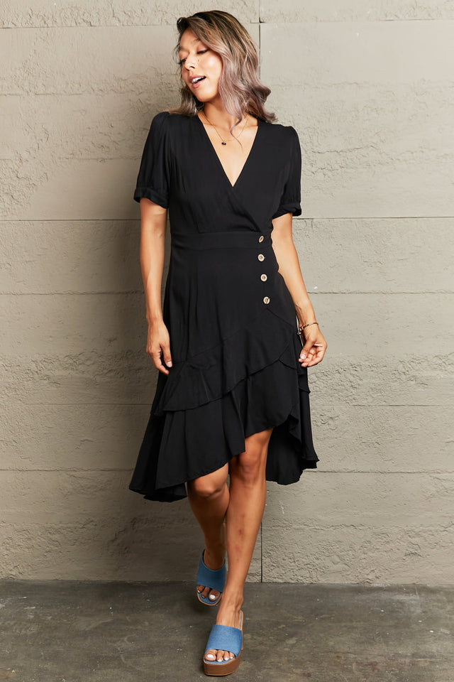 Perfee Decorative Button Surplice Ruffle Hem Dress.