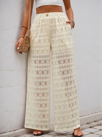 Decorative button wide leg pants with pockets, semi-sheer.