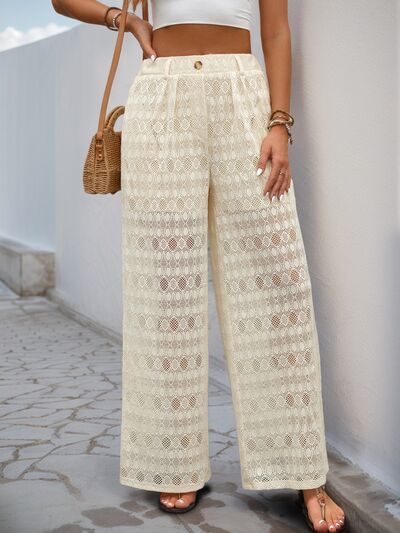 Decorative button wide leg pants with pockets, semi-sheer.