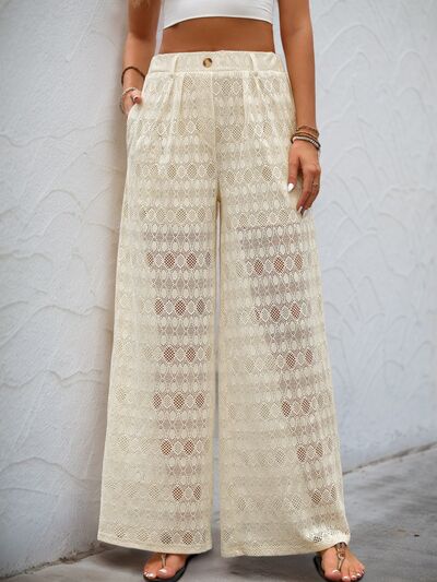 Decorative button wide leg pants with pockets, semi-sheer.
