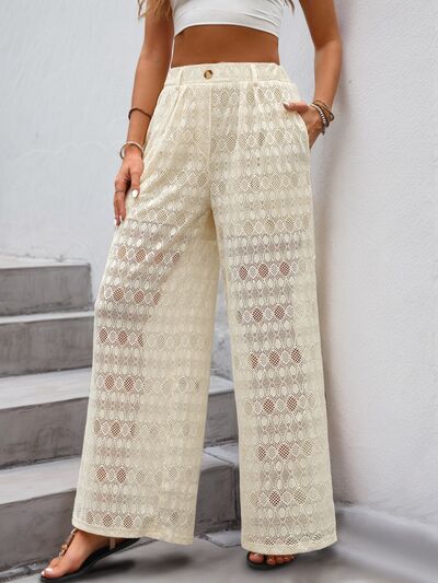 Decorative button wide leg pants with pockets, semi-sheer.