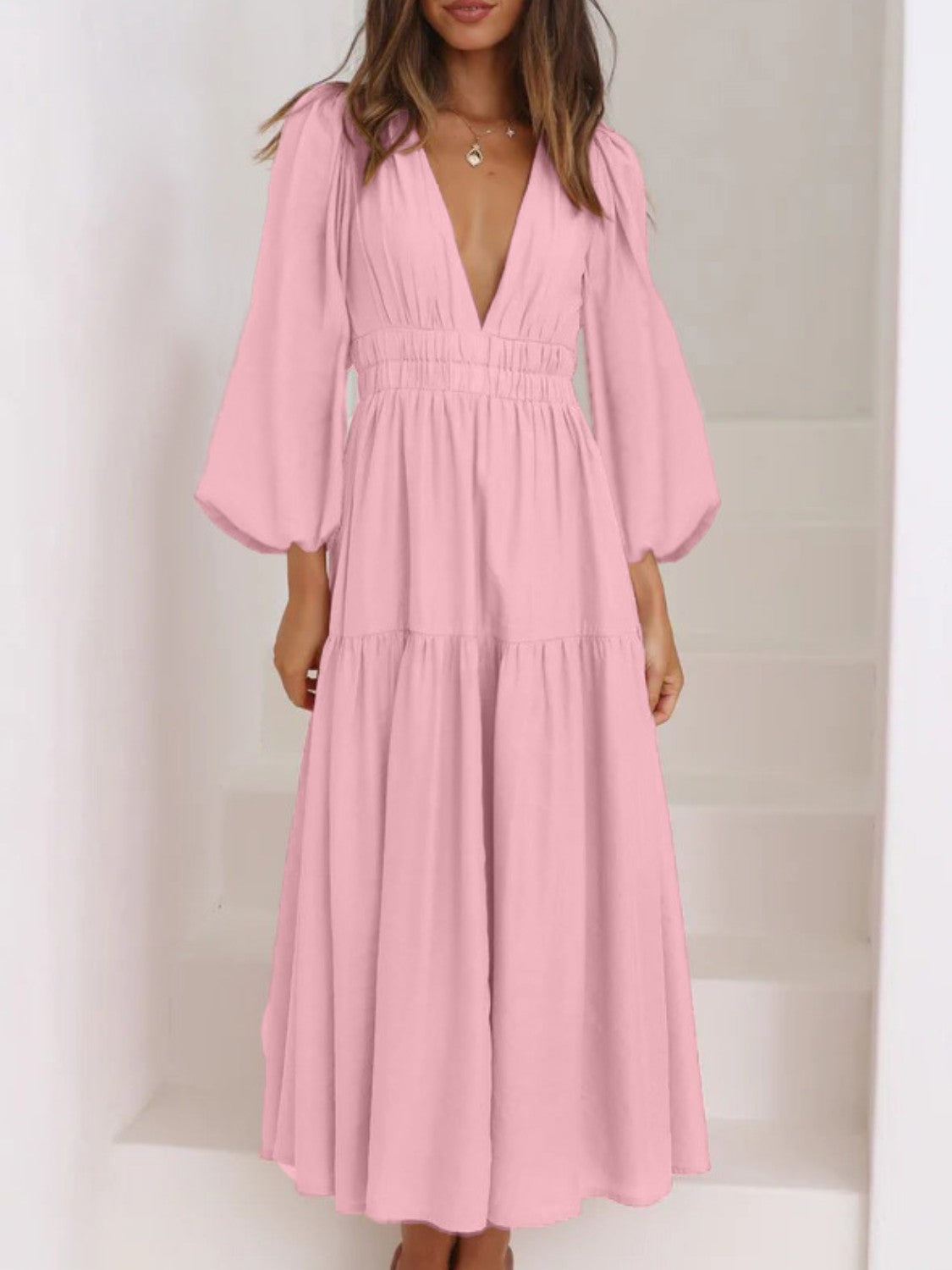 Deep V-Neck Balloon Sleeve Plain Maxi Dress.