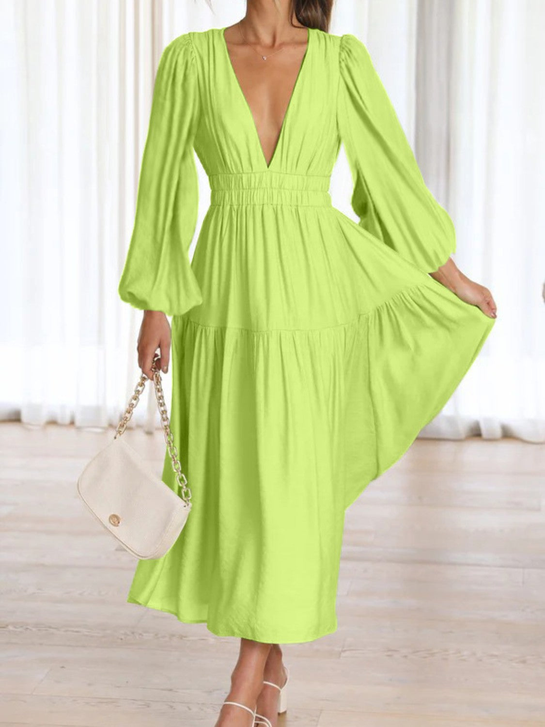 Deep V-Neck Balloon Sleeve Plain Maxi Dress.