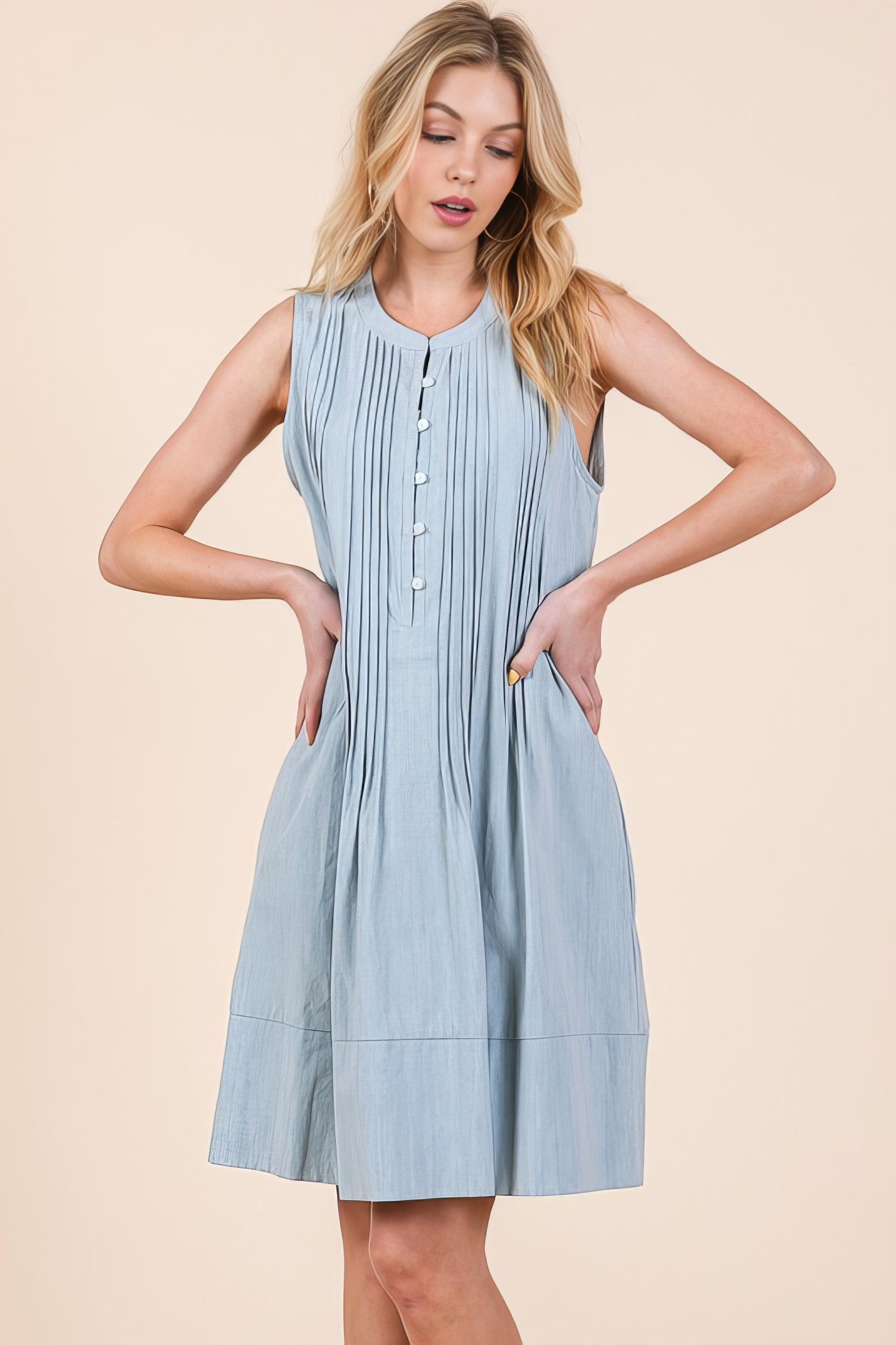 Denim Pintuck Detail Sleeveless Midi Dress with Pockets.