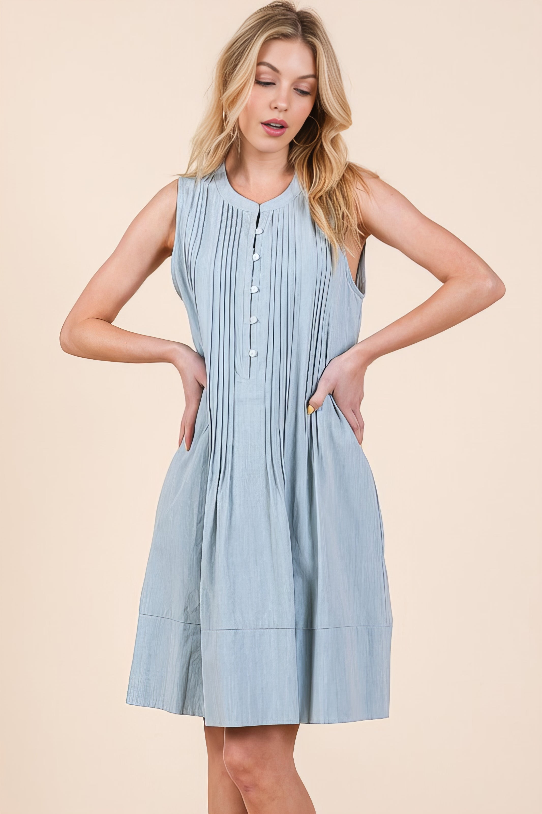 Denim Pintuck Detail Sleeveless Midi Dress with Pockets.