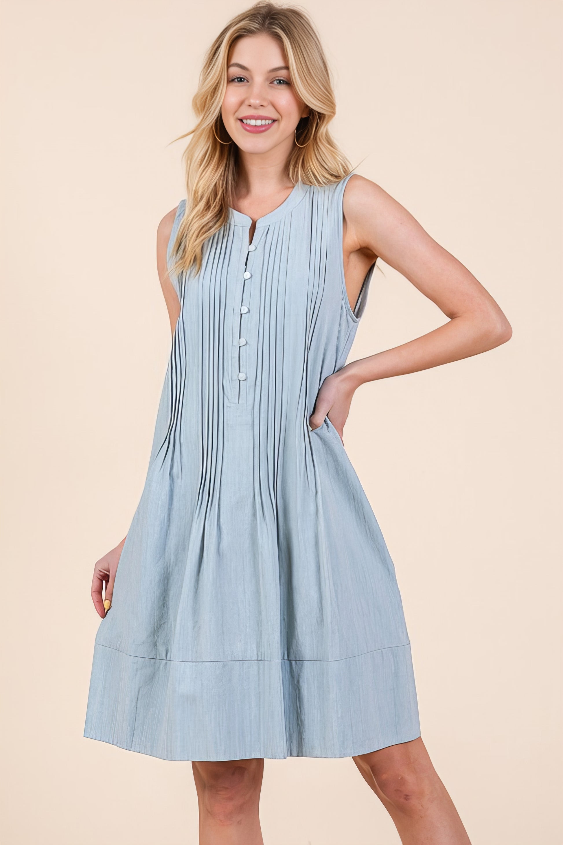 Denim Pintuck Detail Sleeveless Midi Dress with Pockets.