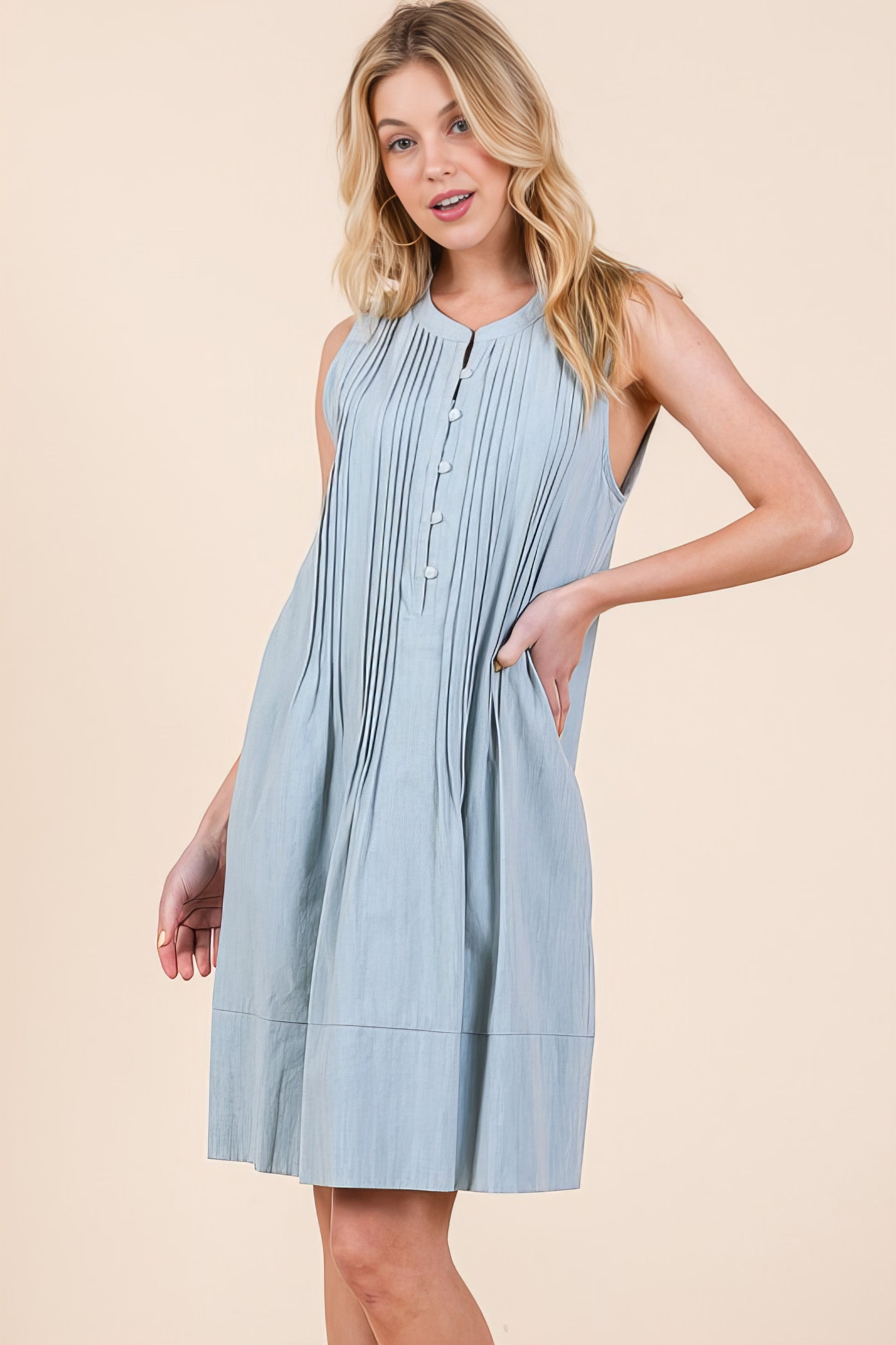 Denim Pintuck Detail Sleeveless Midi Dress with Pockets.