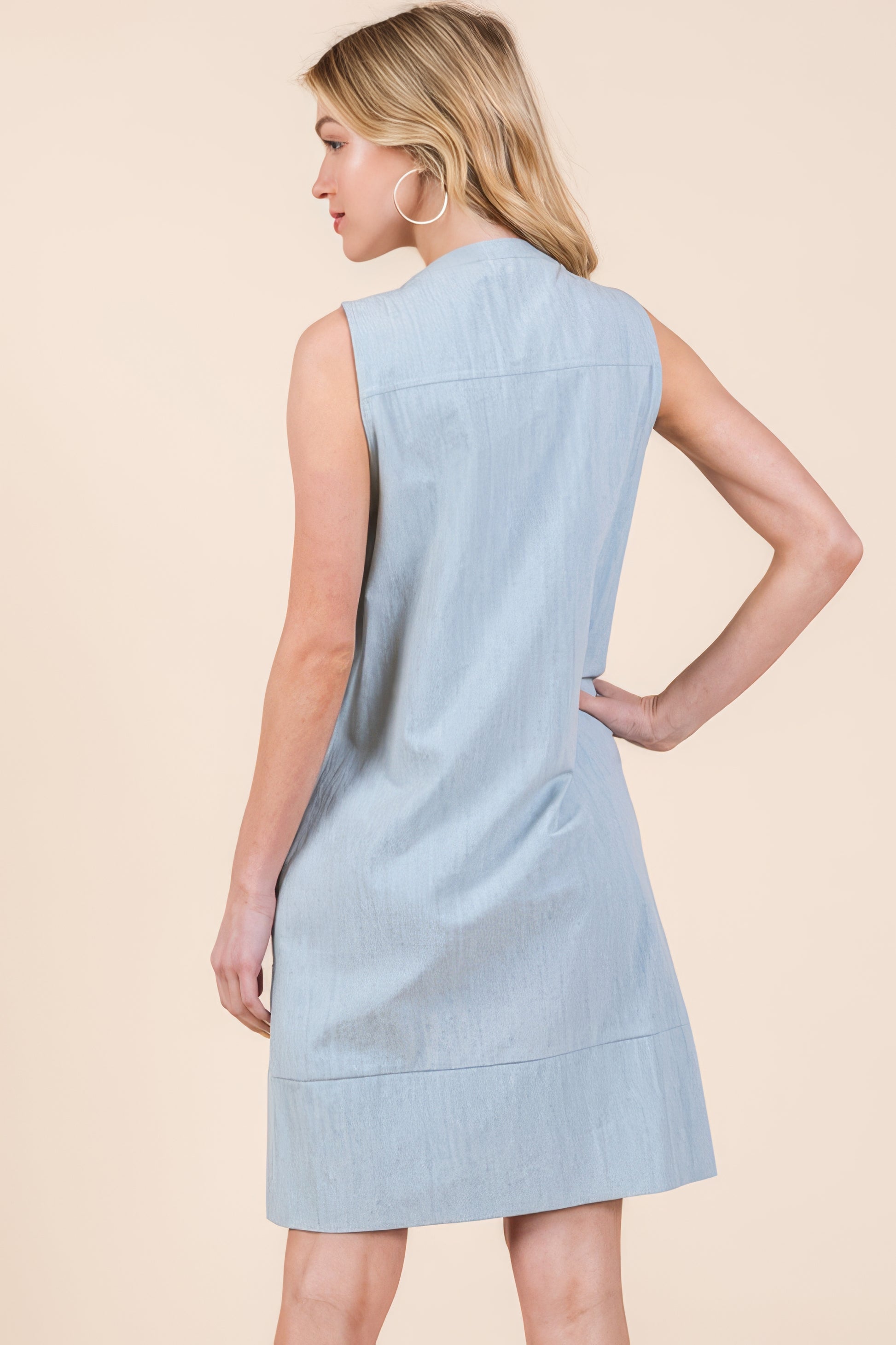 Denim Pintuck Detail Sleeveless Midi Dress with Pockets.