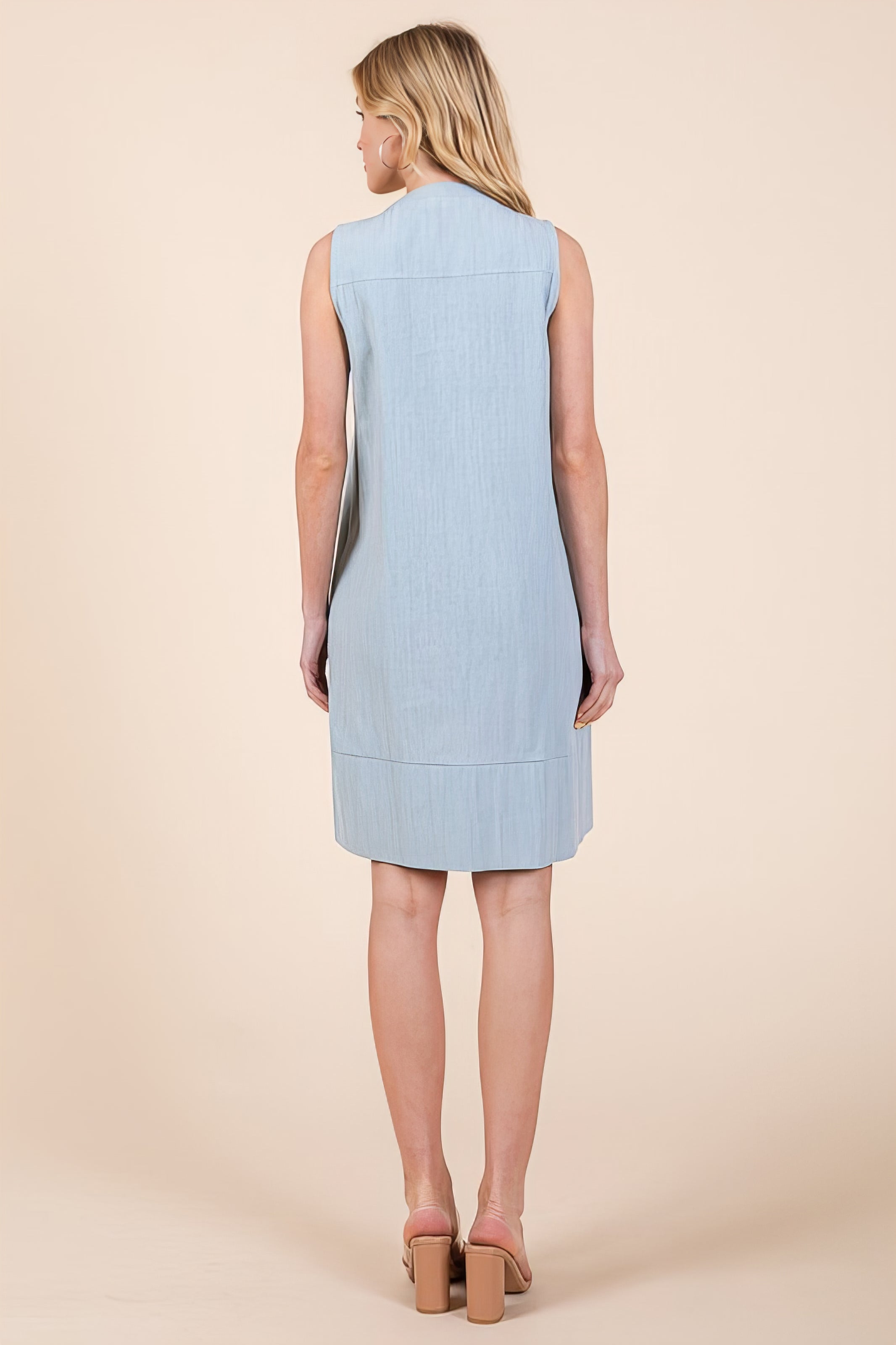 Denim Pintuck Detail Sleeveless Midi Dress with Pockets.