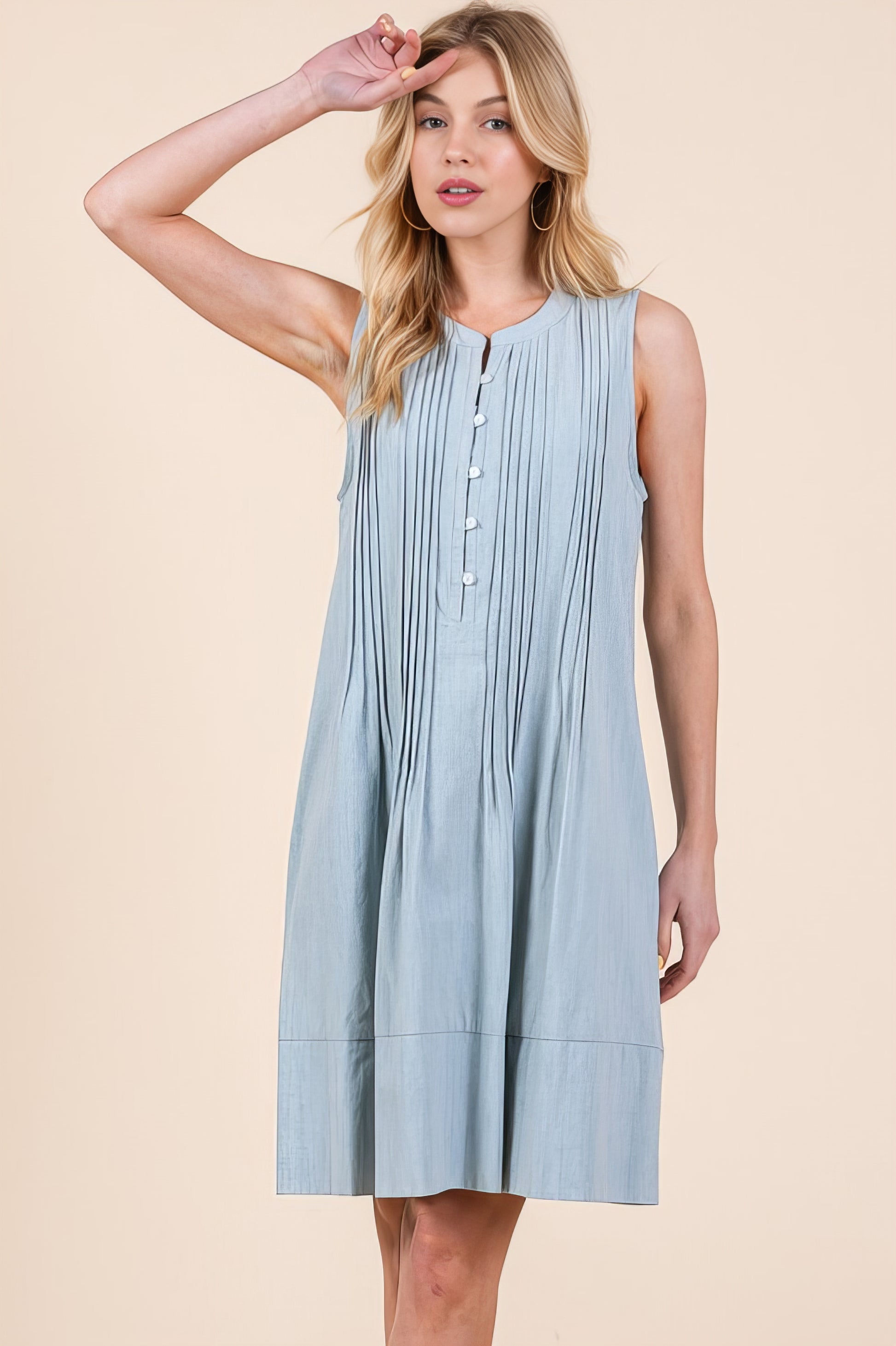 Denim Pintuck Detail Sleeveless Midi Dress with Pockets.