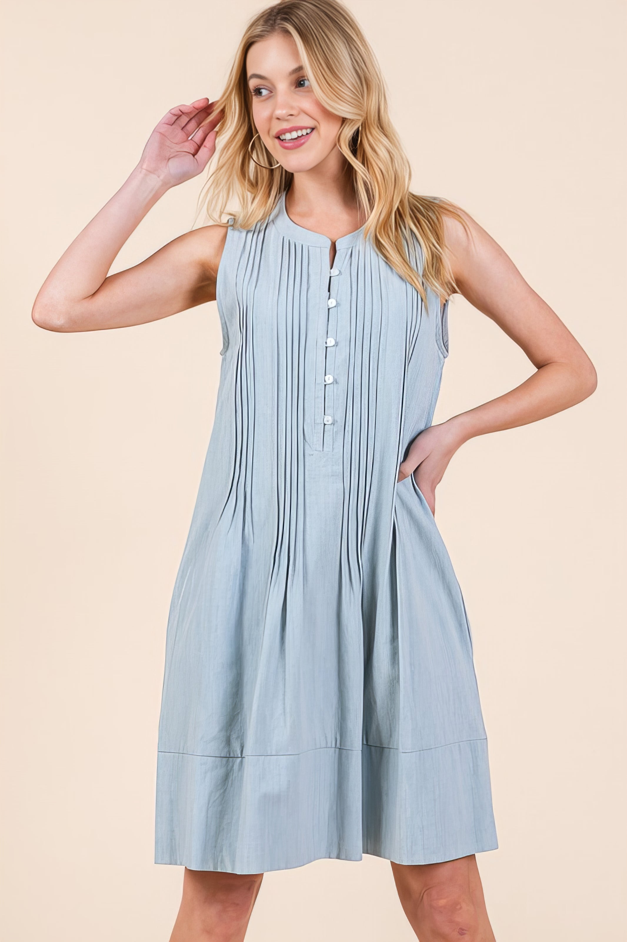 Denim Pintuck Detail Sleeveless Midi Dress with Pockets.