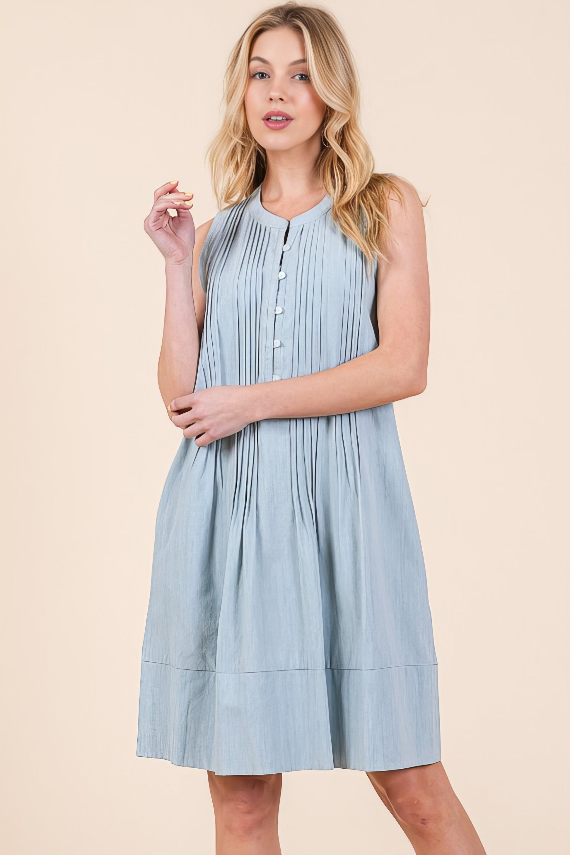 Denim Pintuck Detail Sleeveless Midi Dress with Pockets.