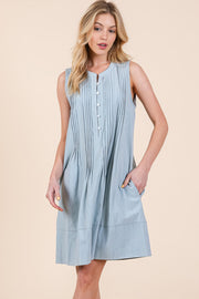 Denim Pintuck Detail Sleeveless Midi Dress with Pockets.