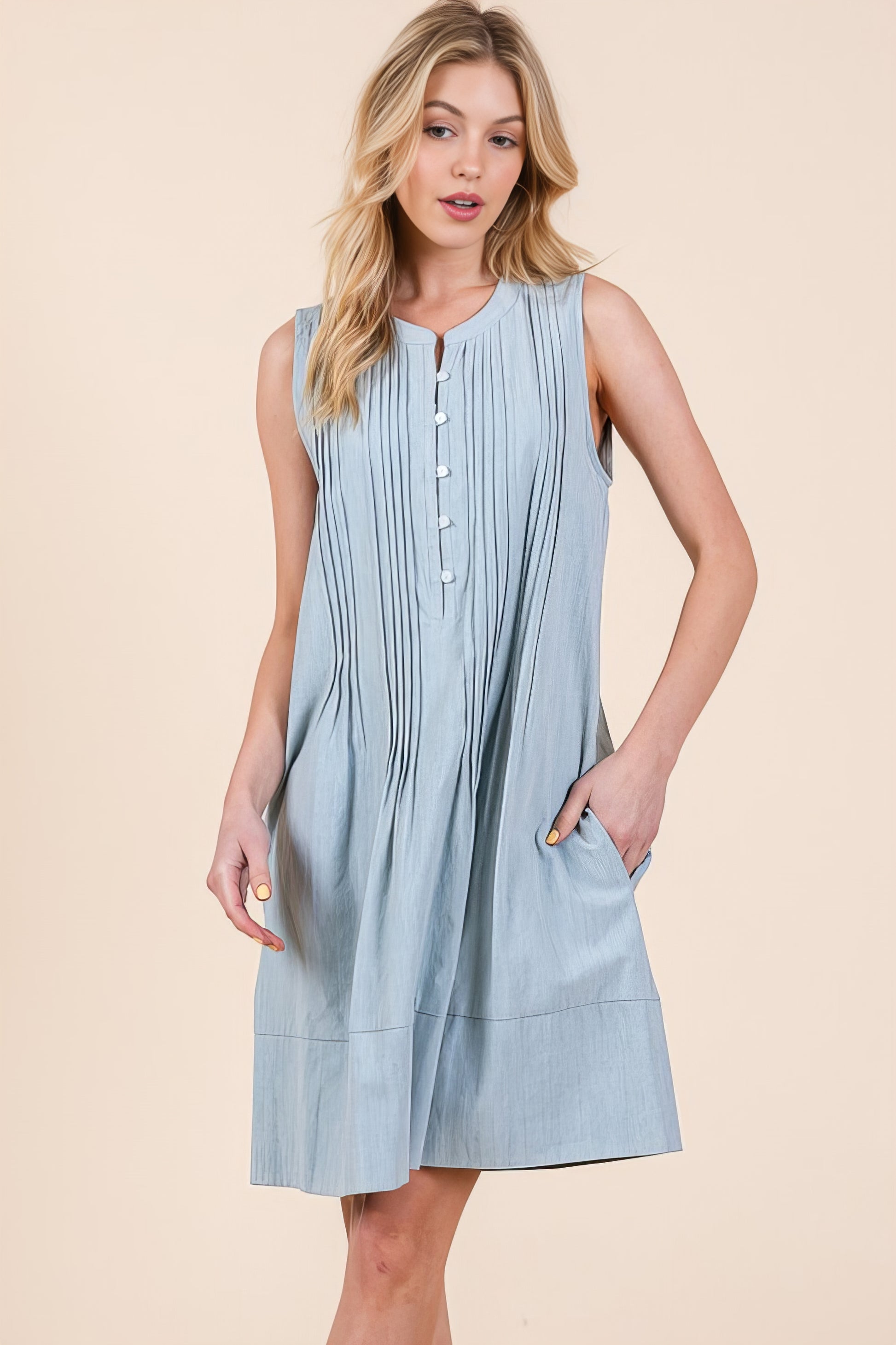 Denim Pintuck Detail Sleeveless Midi Dress with Pockets.