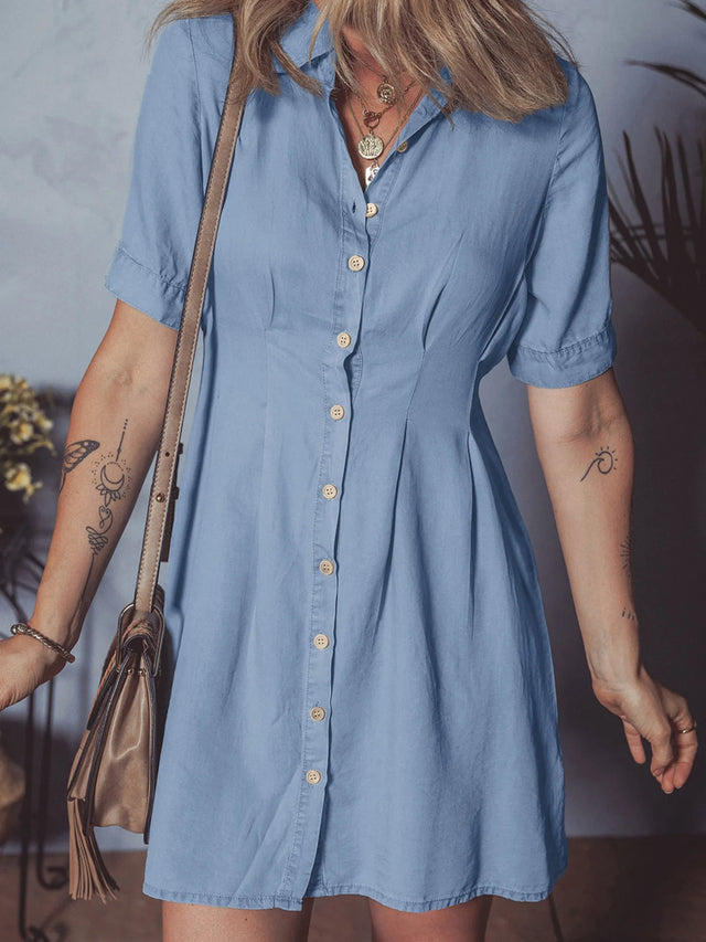 Denim Pleated Slim Waist Short Sleeve Shirt Dress.