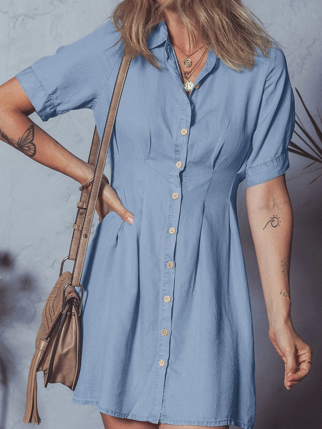 Denim Pleated Slim Waist Short Sleeve Shirt Dress.