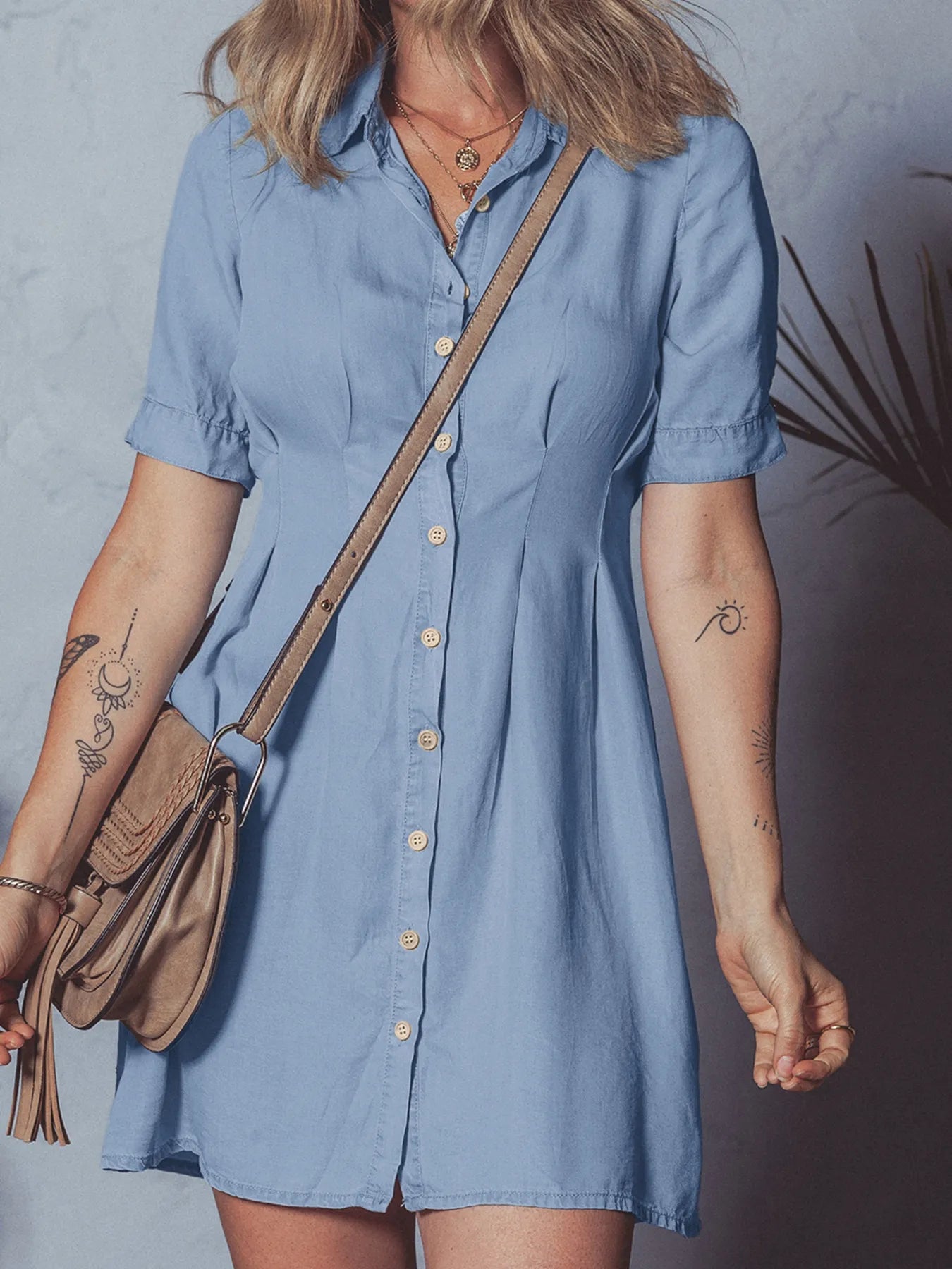 Denim Pleated Slim Waist Short Sleeve Shirt Dress.