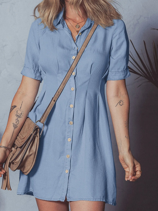 Denim Pleated Slim Waist Short Sleeve Shirt Dress.