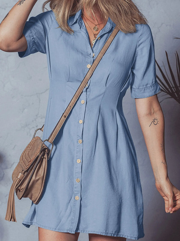 Denim Pleated Slim Waist Short Sleeve Shirt Dress.