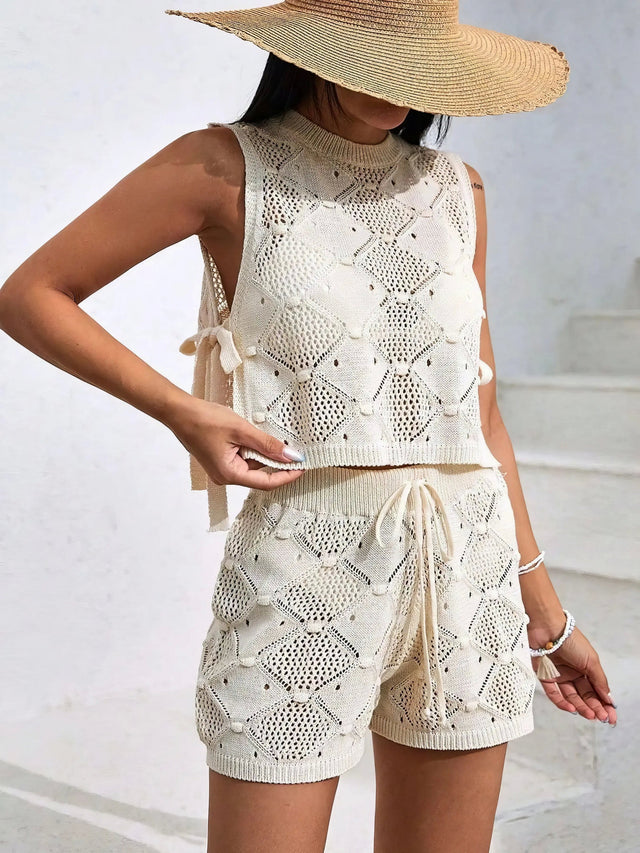 Diamond pattern sleeveless top and shorts knit set, women's stylish two-piece outfit, comfortable knit set, trendy diamond pattern, drawstring details, side slits, openwork design, moderate stretch polyester, ideal for unique casual wear