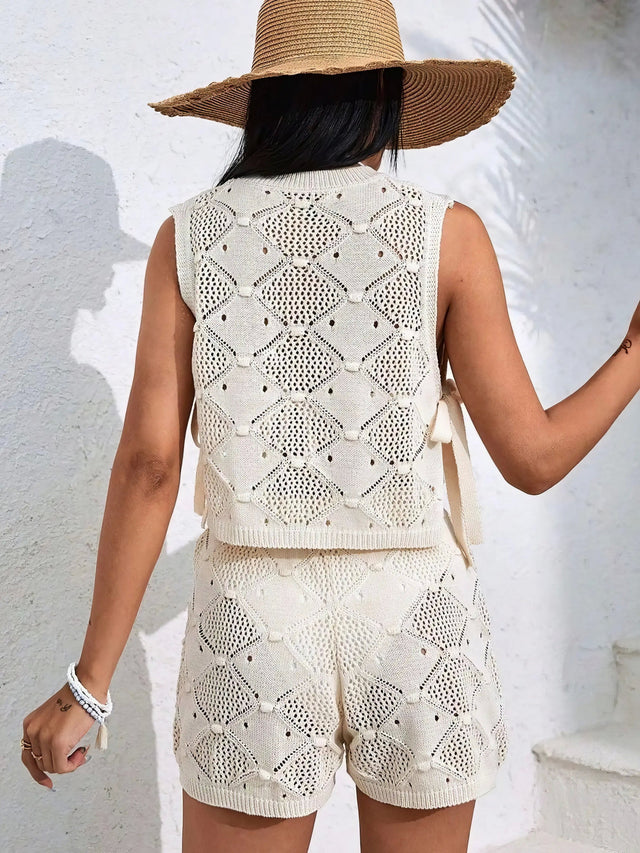 Diamond pattern sleeveless top and shorts knit set, women's stylish two-piece outfit, comfortable knit set, trendy diamond pattern, drawstring details, side slits, openwork design, moderate stretch polyester, ideal for unique casual wear