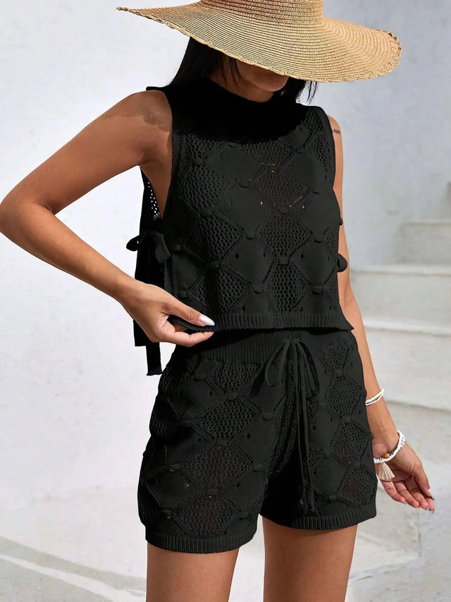 Diamond pattern sleeveless top and shorts knit set, women's stylish two-piece outfit, comfortable knit set, trendy diamond pattern, drawstring details, side slits, openwork design, moderate stretch polyester, ideal for unique casual wear