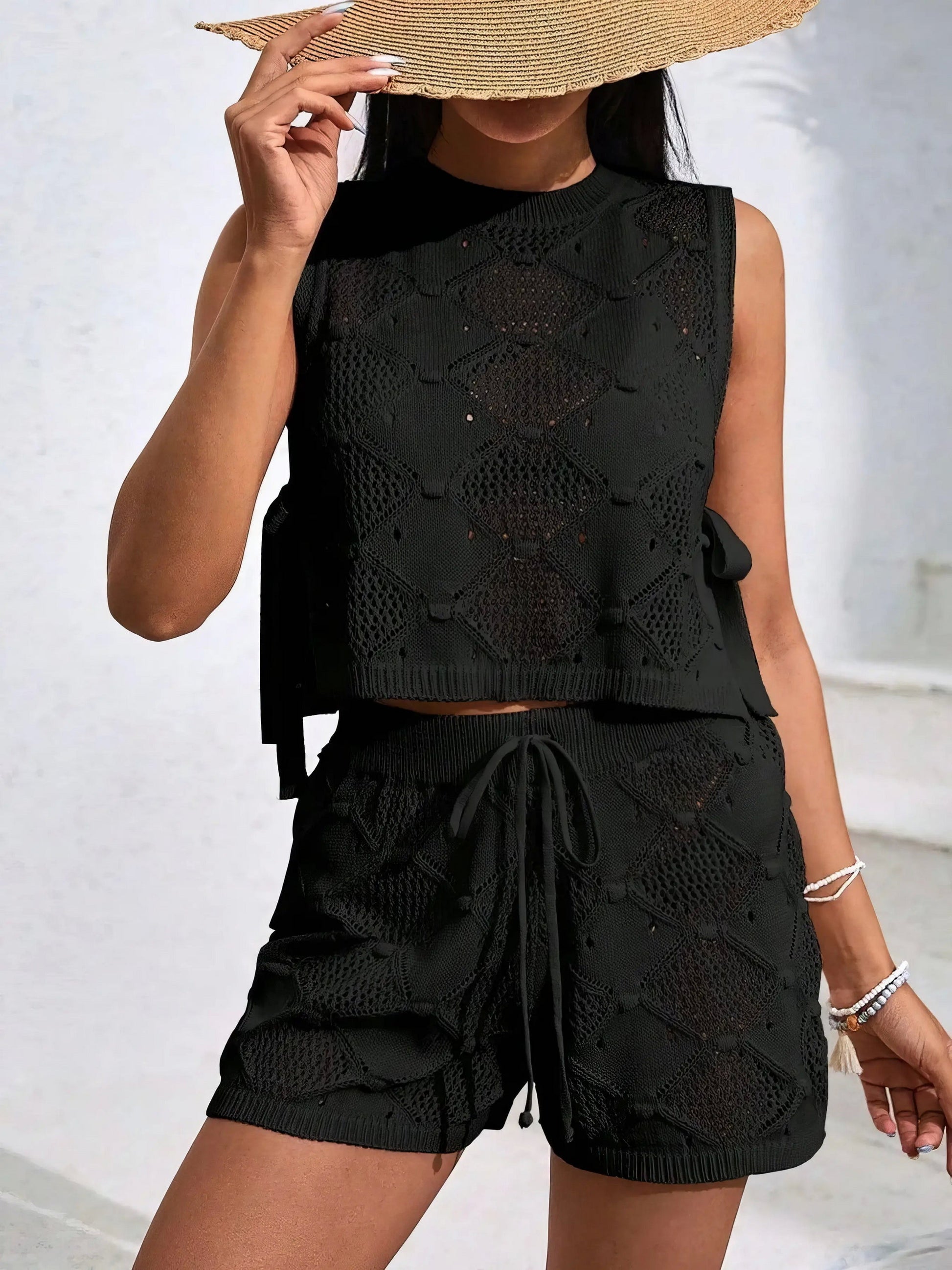 Diamond pattern sleeveless top and shorts knit set, women's stylish two-piece outfit, comfortable knit set, trendy diamond pattern, drawstring details, side slits, openwork design, moderate stretch polyester, ideal for unique casual wear