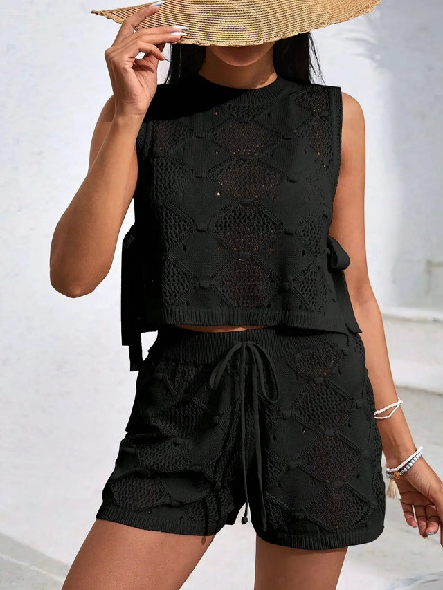 Diamond pattern sleeveless top and shorts knit set, women's stylish two-piece outfit, comfortable knit set, trendy diamond pattern, drawstring details, side slits, openwork design, moderate stretch polyester, ideal for unique casual wear